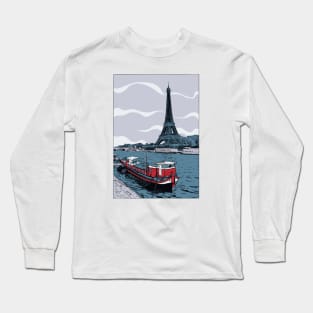 Vector illustration of Eiffel Tower seen across Seine River Long Sleeve T-Shirt